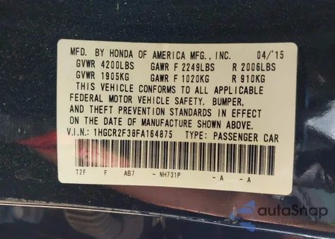 2015 Honda Accord Lx z USA, uszkodzony, nr VIN 1HGCR2F38FA164875